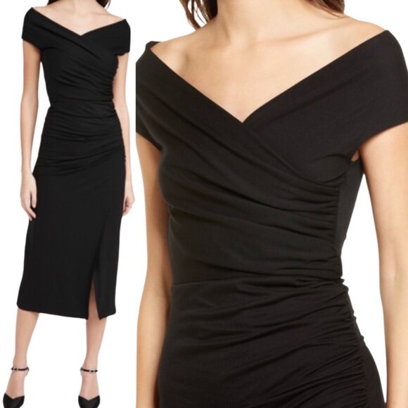 Reformation Cormac Ruched Wrap Style Jersey Midi Dress with Slit in Black Size M - Picture 2 of 16
